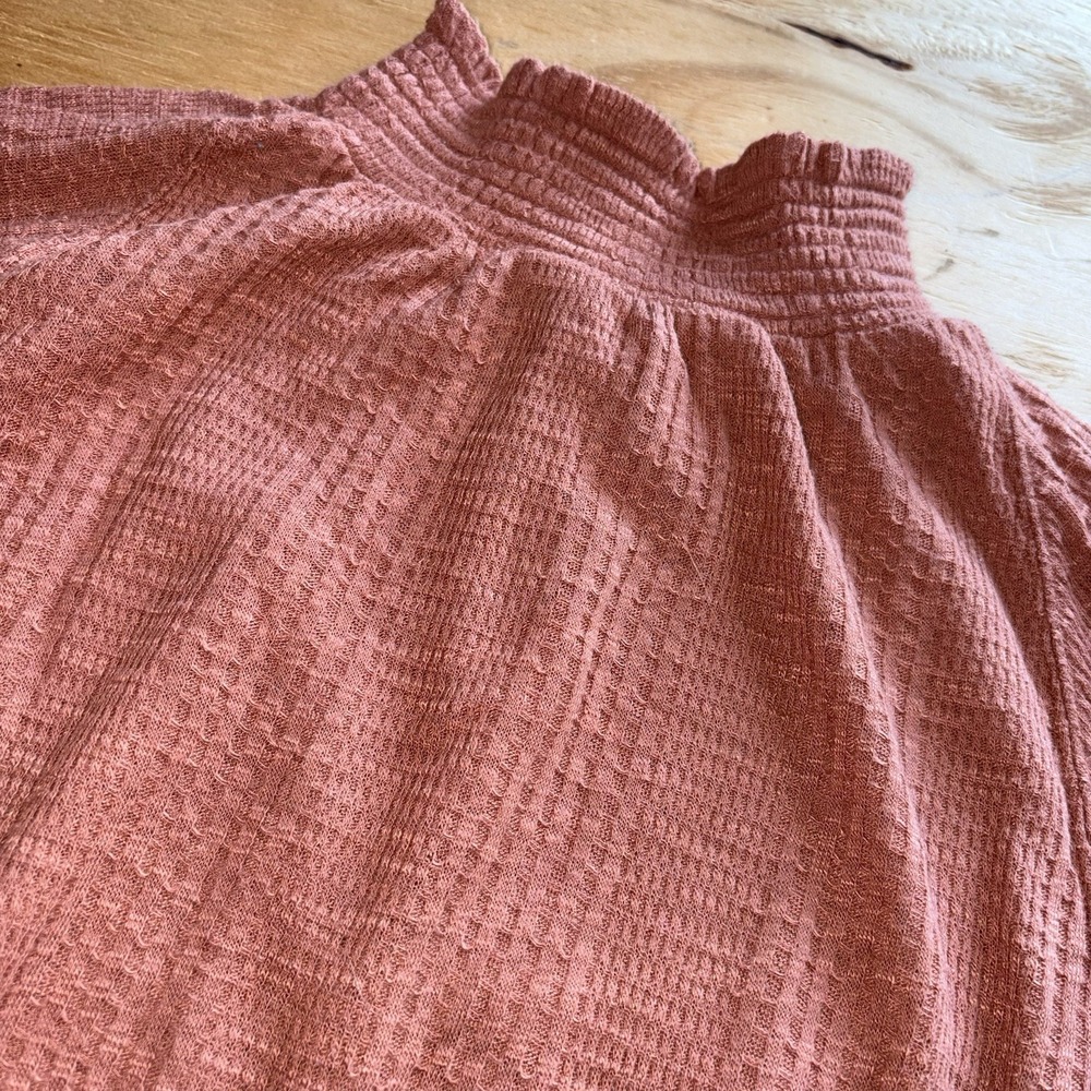 Free People Skyline Thermal Ribbed Ruffle Trim Mock Neck Top Rust XS OB616161